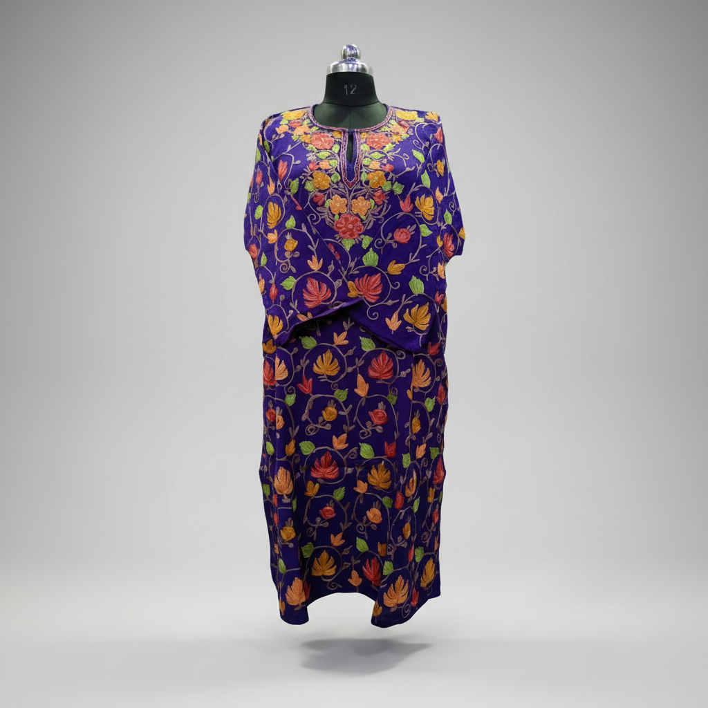 Deep Blue Wool Pheran with Full Aari Work