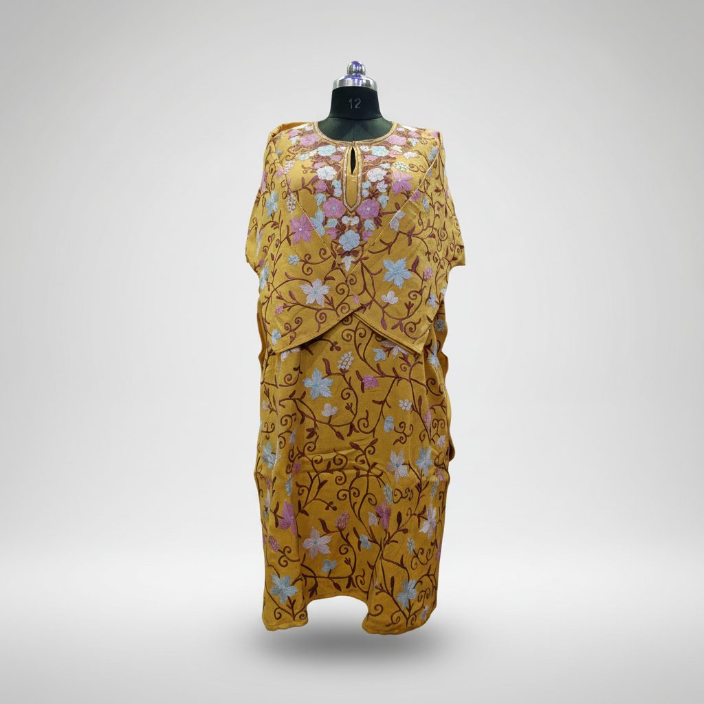 Golden Yellow Pheran with Full Aari Work