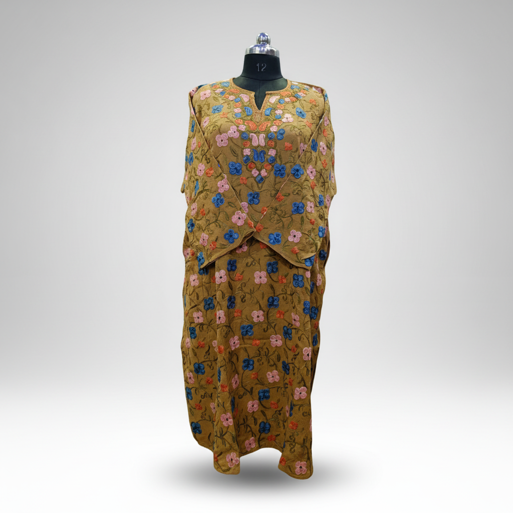 Mustard Phiran with Pink Aari Work